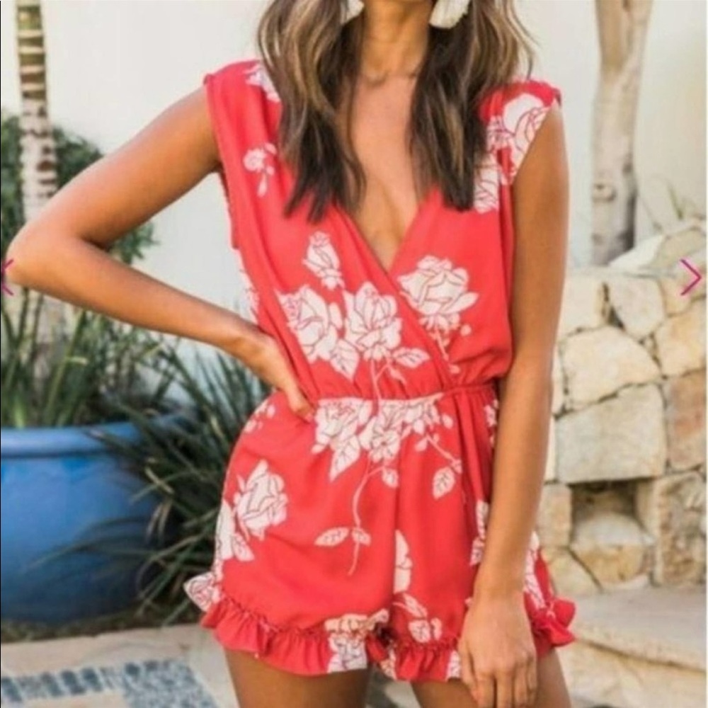 Pink Lily Roses Are Red Ruffle Bottom V necklines Sleeveless Romper